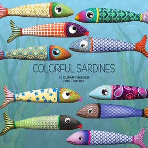 Kleurrijke sardines, Portugese sardines, schattige vissen - Clipart Collection