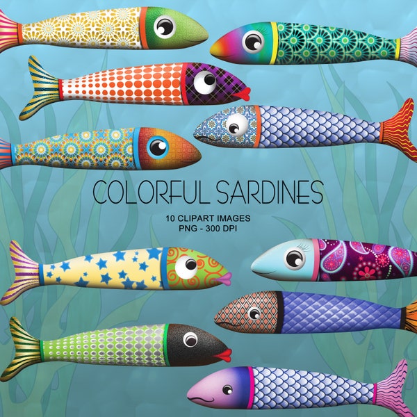 Colorful Sardines, Portuguese Sardines, Cute Fish - Clipart Collection
