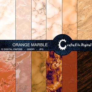 May include: Twelve digital papers featuring orange marble textures in various shades and patterns. The papers are 300 DPI and in JPG format. The text "ORANGE MARBLE" and "12 DIGITAL PAPERS - 300DPI - JPG" is displayed on the image.