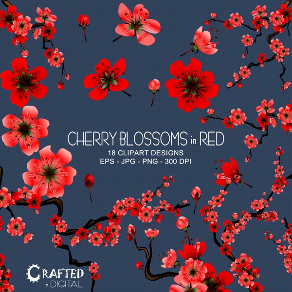 Red Sakura/Cherry Blossom - EPS, JPG, PNG Sakura Flowers - Clipart Collection