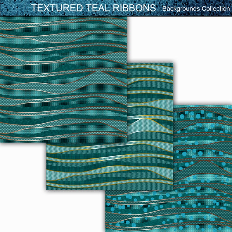 Teal Ribbons - 16 Seamless Striped, Wavy, Textured Ribbon Digital ...
