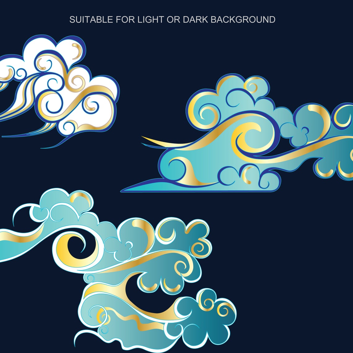 Aqua and Gold Japanese Clouds Clipart Collection - Etsy