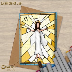 May include: A stained glass style illustration of a person with arms outstretched, standing in a yellow and white stained glass window. The text "XV" is in the top left corner of the image.