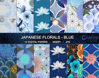 Flores japonesas en azul - Colección de papel digital 12x12
