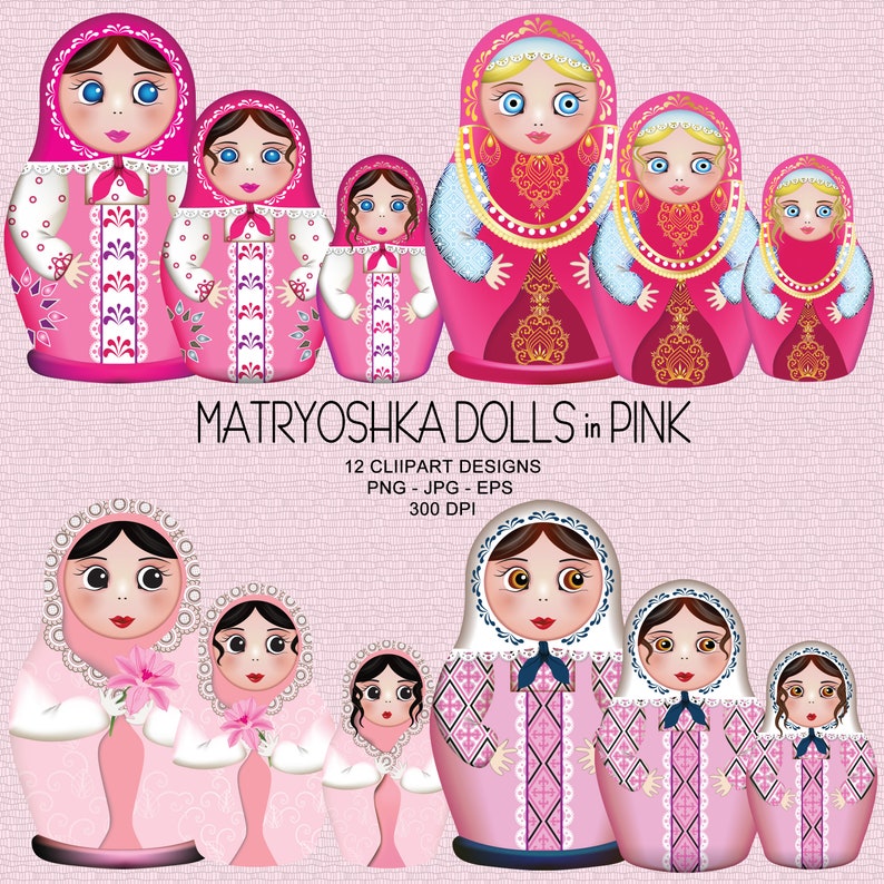 Matryoshka Dolls in Pink, Russian Babushka Dolls Vector Clipart Collection image 1