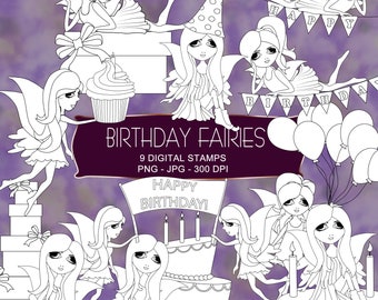 Birthday Fairies Digital Stamps - 9 Black & White Birthday Fairy Digistamps