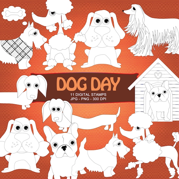 Dog Day Digital Stamps - Afghan, Scotty, French Bulldog, Poodle, Basset and Dachshund Digistamp Collection