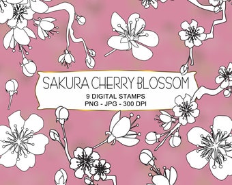 9 timbres numériques Sakura/Cherry Blossom - Flower Digistamp Collection