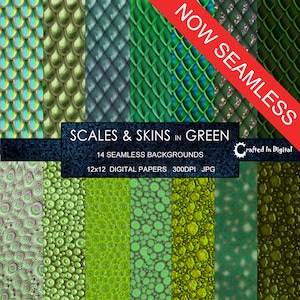 May include: A digital paper pack with 14 seamless backgrounds in green. The pack includes scales and skin textures, perfect for crafting projects.