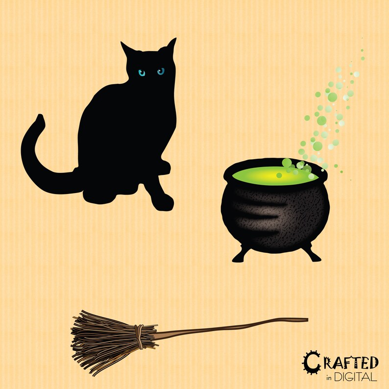 K&ouml;nnte beinhalten: Eine Halloween-Illustration mit einer schwarzen Katze mit blauen Augen, einem brodelnden Kessel mit gr&uuml;ner Fl&uuml;ssigkeit und einem Besen. Der Hintergrund ist hellorange mit vertikalen Streifen. Digitaler Kunststil.
