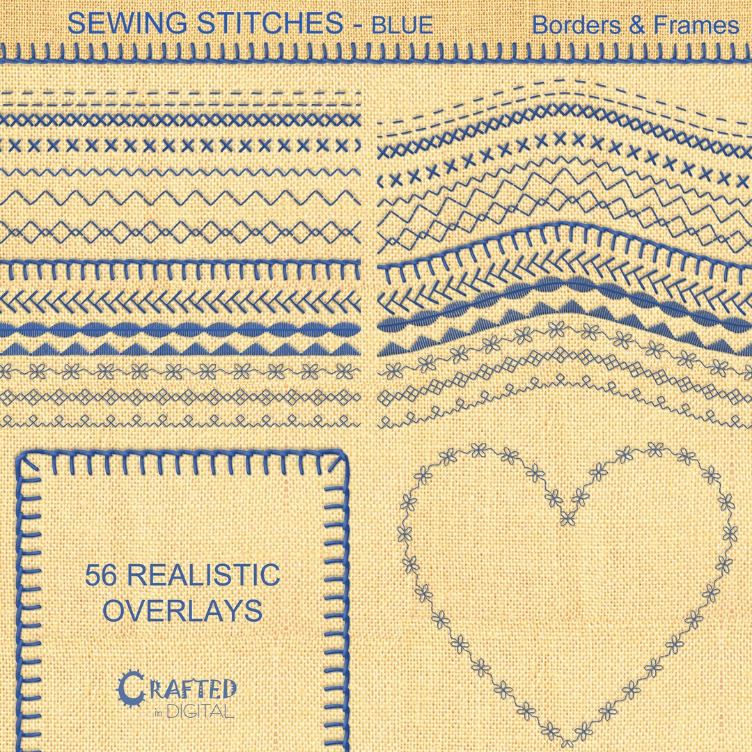 Sewing Stitches in Blue - 56 Straight, Curved, Rectangle and Heart ...