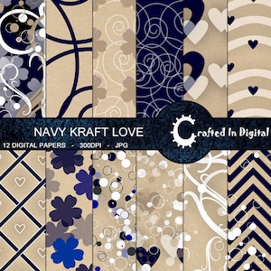 Navy & Kraft Paper Love - Colección de papel digital 12x12