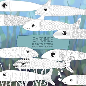 Sardines Digital Stamps - 10 Black & White Print and Color Digistamps
