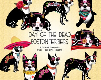 Day Of The Dead Boston Terriers Clipart Collection