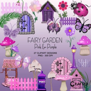 May include: A set of 27 digital clipart designs featuring a fairy garden theme in pink and purple. The designs include mushrooms, butterflies, fences, doors, a mailbox, a well, a lamppost, and a house. The designs are perfect for creating invitations, cards, scrapbook pages, and other craft projects.