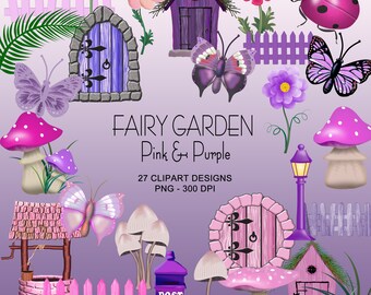 Fairy Garden in Pink & Lila Clipart Collection - Fliegenpilze, Feentüren, Schmetterlinge, Blumen und mehr