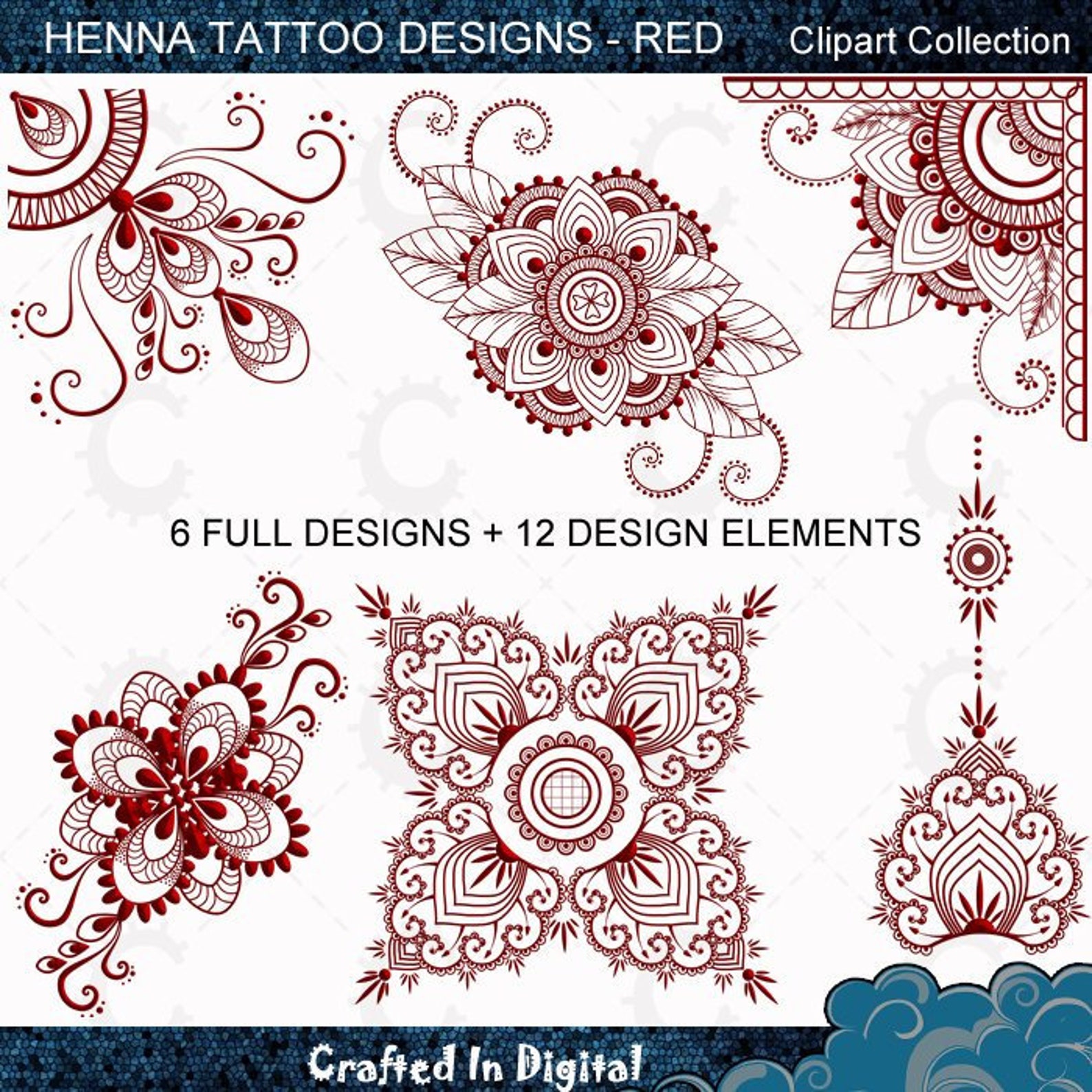 Henna Tattoo Designs Mehndi Designs in Red Clipart | Etsy