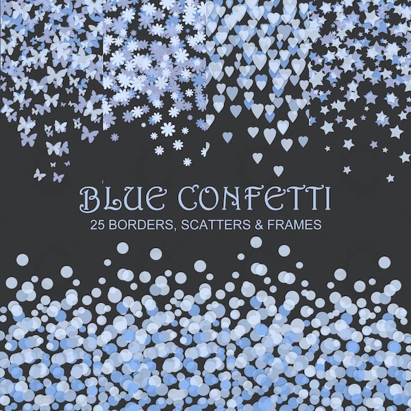 25 Blue Confetti Borders, Frames and Overlays - Circle, Star, Flower, Butterfly & Heart Shaped Confetti