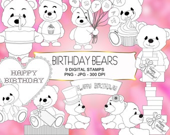 Birthday Bears Digital Stamps - Teddy Bears Digistamp Collection