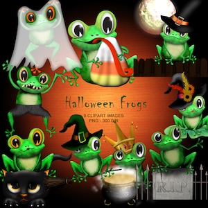 May include: Nine digital images of green frogs dressed in Halloween costumes. The frogs are wearing costumes such as a witch, a ghost, a king, and a candy corn. The text "Halloween Frogs" is written in the center of the image.