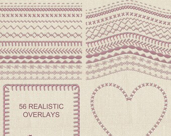 Sewing Stitches in Pink - 56 Straight, Curved, Rectangle and Heart Overlays