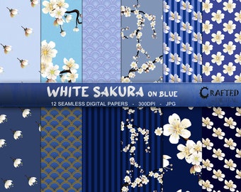 White Sakura on Blue - Seamless White Cherry Blossom Digital Paper Collection 12x12