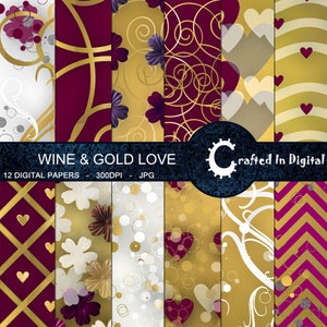 Wine & Gold Love - Digital Paper Collection 12x12