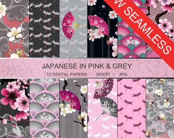 Japanese in Pink & Grey- SEAMLESS Digital Paper Collection 12x12