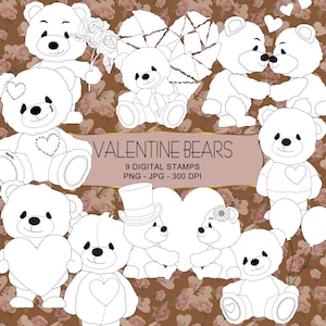 Valentine Bears Digital Stamps - 9 Black & White Valentine&#39;s Day Digistamps
