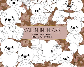 Valentine Bears Digital Stamps - 9 Black & White Valentine's Day Digistamps