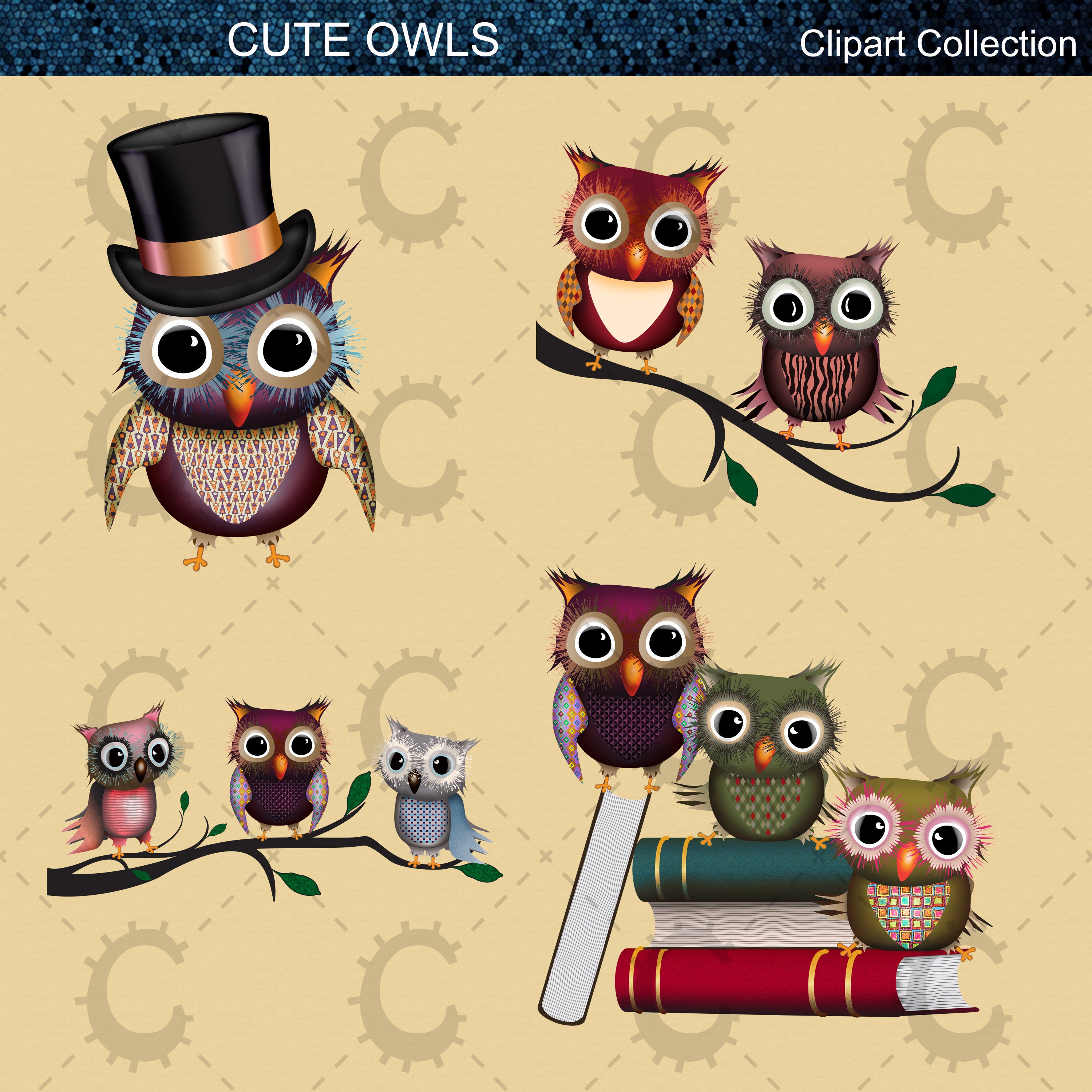 Cute Vintage Coloured Owls Owl Clipart Collection | Etsy