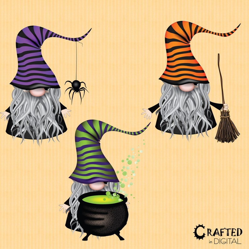 K&ouml;nnte beinhalten: Drei Illustrationen von Halloween-Zwergen. Jeder Zwerg tr&auml;gt einen gestreiften, spitzen Hut in Lila, Orange und Gr&uuml;n. Ein Zwerg h&auml;lt einen Besen, ein anderer hat eine Spinne und der dritte r&uuml;hrt einen brodelnden Kessel mit gr&uuml;ner Fl&uuml;ssigkeit um.