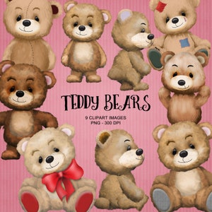 Op de afbeelding: Negen teddybeer clipart afbeeldingen in verschillende poses en tinten bruin, beige en crème. Sommige beren hebben rode strikken of patches. De tekst "TEDDY BEARS" wordt weergegeven in zwart script, samen met details over de afbeeldingen.