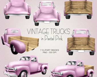 May include: Seven vintage pastel pink pickup trucks with wooden beds. The trucks are in different positions, including front, back, and side views. The trucks are all in the same style, with a classic design.