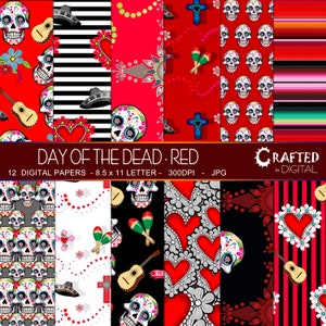 Day Of The Dead Red - Coleção de papel digital 8,5 x 11 CARTAS