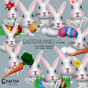 Può includere: Dodici disegni digitali di clipart di coniglietti di Pasqua in grigio, che tengono carote, uova di Pasqua e fiori. I coniglietti sono bianchi con nasi e orecchie rosa. Lo sfondo è azzurro chiaro.