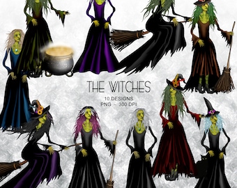 Könnte beinhalten: Ein digitales Illustrationsset mit 10 Hexen in verschiedenen Kleidern, Hüten und Haaren. Die Hexen halten Besen und einige sitzen darauf. Der Text "THE WITCHES 10 DESIGNS PNG - 300 DPI" befindet sich am unteren Rand des Bildes.