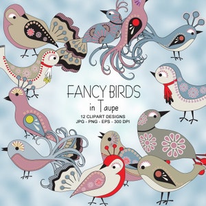 Fancy Birds in Taupe Clipart Collectie