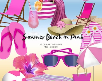Summer Beach in Pink - Bright Summer Clipart Collection