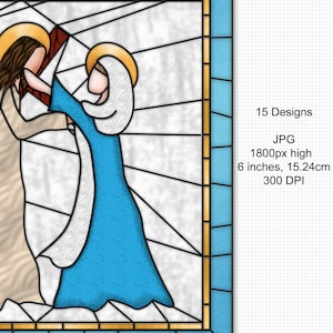 May include: Stained glass style illustration of a man and woman in a blue and white robe. The man is holding a cross and the woman is holding his arm. The background is a white and gold stained glass pattern.