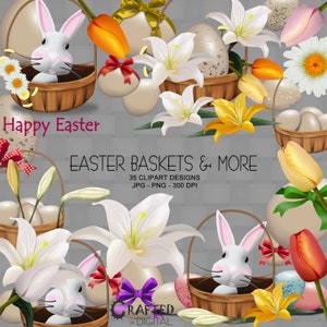 Può includere: Un'illustrazione digitale con temi pasquali, tra cui cestini, uova, fiori e coniglietti. L'immagine include il testo "Happy Easter" e "Easter Baskets & More". Il design include 35 disegni clipart in formati JPG e PNG.