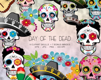 Sugar Skulls Day Of The Dead Clipart Collection