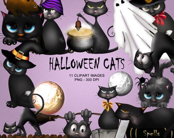 Könnte beinhalten: Elf digitale Illustrationen von schwarzen Katzen in verschiedenen Halloween-Kostümen und Umgebungen. Die Katzen tragen Hexenhüte, halten Besen und sitzen auf Grabsteinen. Der Text "HALLOWEEN CATS" ist in schwarzer Schrift auf einem violetten Hintergrund geschrieben. Der Text "11 CLIPART IMAGES" und "PNG - 300 DPI" ist in weißer Schrift auf einem schwarzen Hintergrund geschrieben.