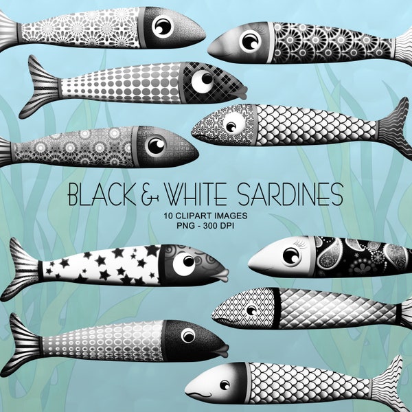 Black & White Sardines, Portuguese Sardines, Cute Fish - Clipart Collection