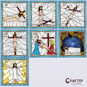 May include: A stained glass window depicting the Stations of the Cross. The scenes are numbered IX through XV. The scenes are in a traditional style with a blue and white border.