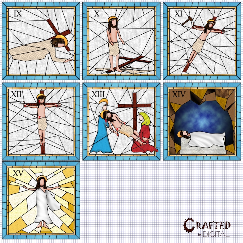 May include: A stained glass window depicting the Stations of the Cross. The scenes are numbered IX through XV. The scenes are in a traditional style with a blue and white border.
