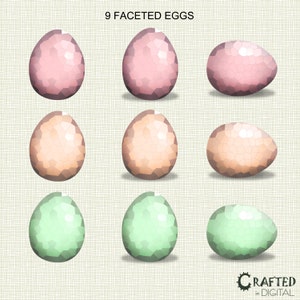 Pu&ograve; includere: Nove uova sfaccettate in tre colori: rosa, pesca e verde. Le uova sono disposte in tre file di tre. L'immagine &egrave; intitolata "9 uova sfaccettate".