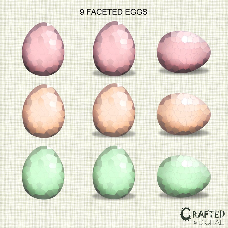 Pu&ograve; includere: Nove uova sfaccettate in tre colori: rosa, pesca e verde. Le uova sono disposte in tre file di tre. L'immagine &egrave; intitolata "9 uova sfaccettate".