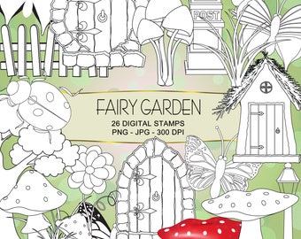 Fairy Garden Digital Stamps: Black and White Clipart (PNG, JPG)