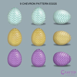 Pu&ograve; includere: Nove uova di Pasqua con un motivo a chevron. Tre uova sono di colore azzurro chiaro con strisce a chevron bianche, tre uova sono di colore giallo con strisce a chevron dorate e tre uova sono di colore viola con strisce a chevron argentate.